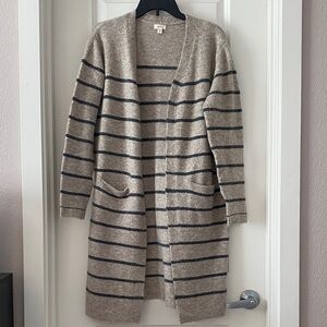 debut Beige Long Open-Front Striped Cardigan with Navy Stripes